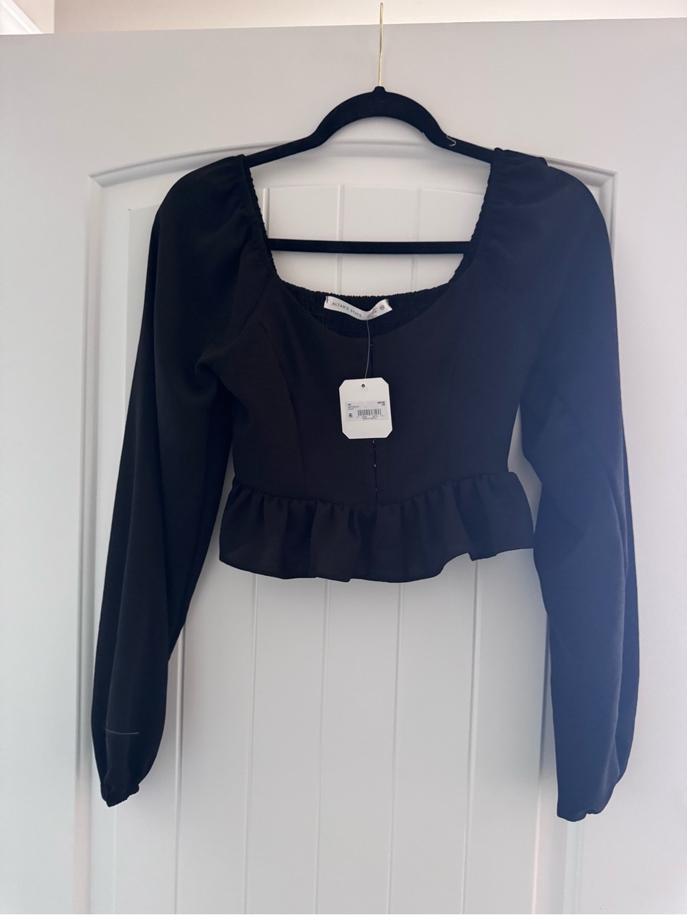 Altar'd State Black Long-Sleeve Peplum Square-Neck Crop Top